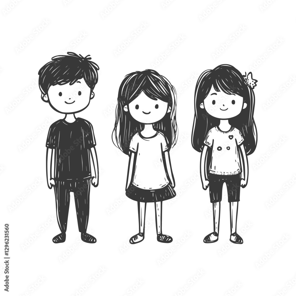 Hand Drawn Illustration Of Three Smiling Children Hand Drawn Illustration Of Three Smiling Children