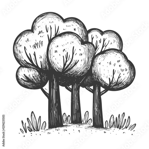 Hand Drawn Illustration Of Three Trees With Rounded Canopies And Grass