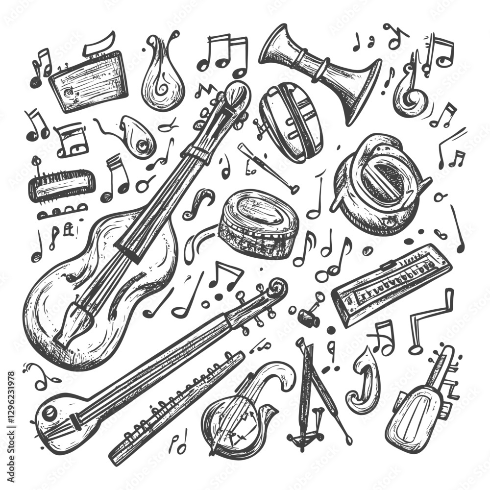 Fototapeta premium Hand Drawn Illustration Of Various Musical Instruments And Notes