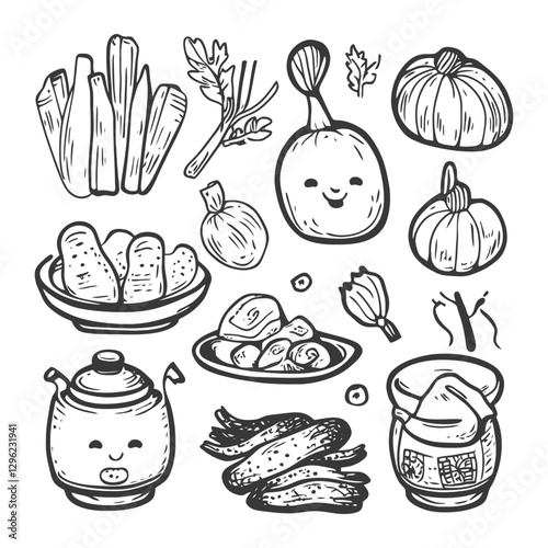 Hand Drawn Illustration Of Various Food Items And Ingredients