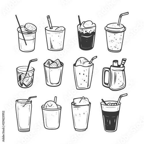 Hand Drawn Illustration Of Various Iced Drinks With Straws