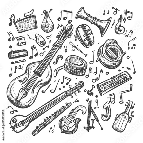 Hand Drawn Illustration Of Various Musical Instruments And Notes