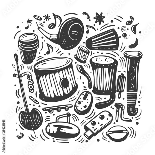Hand Drawn Illustration Of Various Percussion Instruments