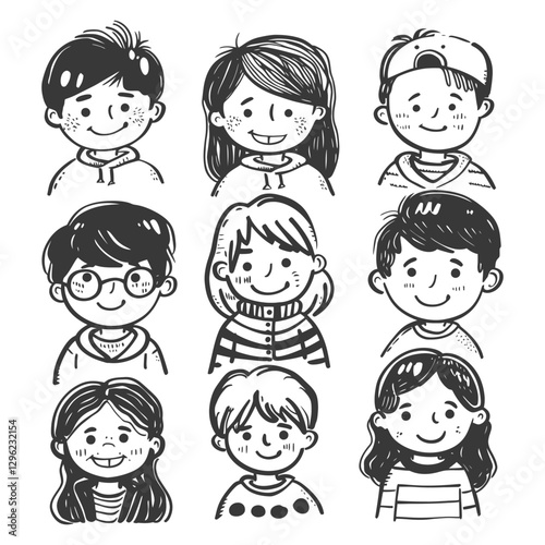 Hand Drawn Illustrations Of Eight Smiling Children