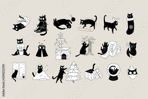 Christmas Cats Set. Festive felines bringing holiday cheer with playful paws, cozy moments, and a touch of Christmas magic photo