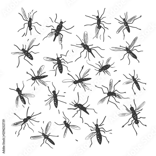 Hand Drawn Silhouettes Of Mosquitoes In Flight