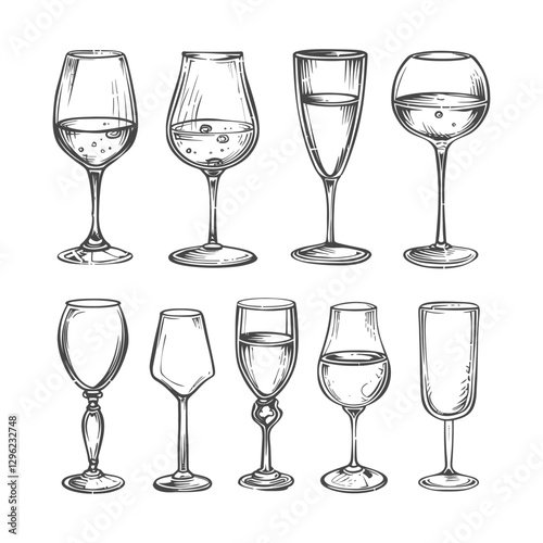Hand Drawn Sketches Of Different Wine Glasses