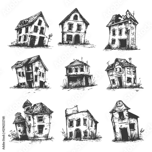 Hand Drawn Sketches Of Abandoned Dilapidated Houses