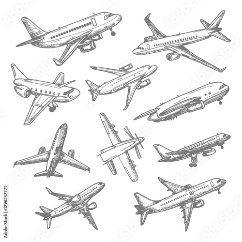 Hand Drawn Sketches Of Airplanes In Flight