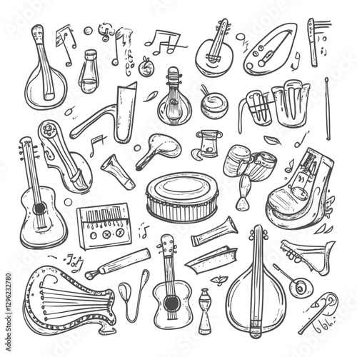Hand Drawn Sketches Of Musical Instruments And Symbols