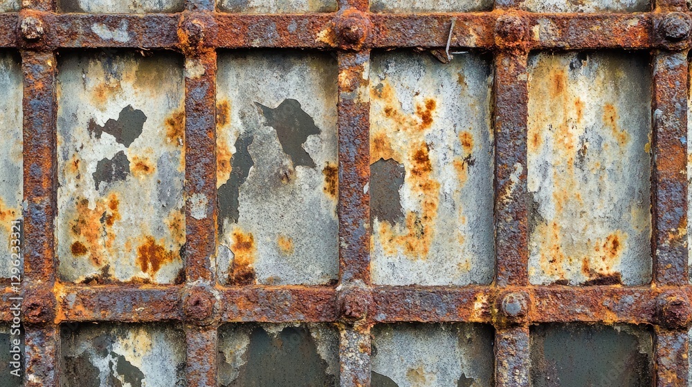 A rusty iron fence with flaking paint and heavy corrosion, set against a neutral background. A rusty iron fence with flaking paint and heavy corrosion, set against a neutral background.