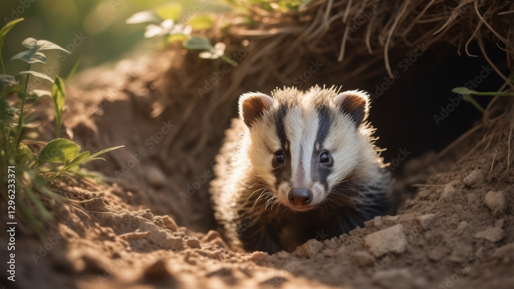 Naklejka premium A curious badger emerges from its den, its black and white fur illuminated by the gentle sunlight. The image captures the essence of wildlife in its natural environment
