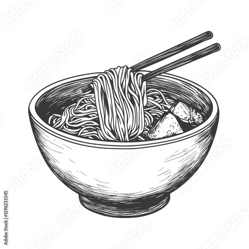 Hand Drawn Sketch Of A Bowl Of Ramen Noodles With Chopsticks