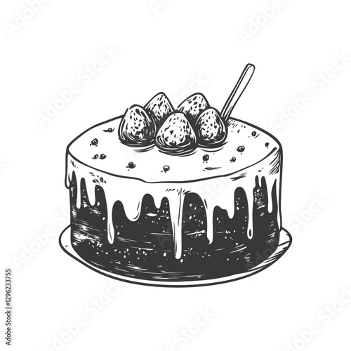 Hand Drawn Sketch Of A Chocolate Cake With Strawberry Toppings And Drizzled Icing