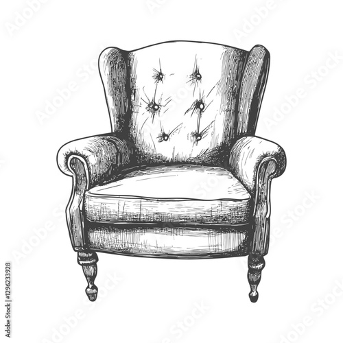 Hand Drawn Sketch Of A Classic Armchair With Upholstery And Button Tufting