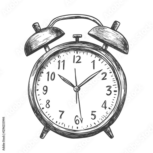 Hand Drawn Sketch Of A Classic Alarm Clock With Bells