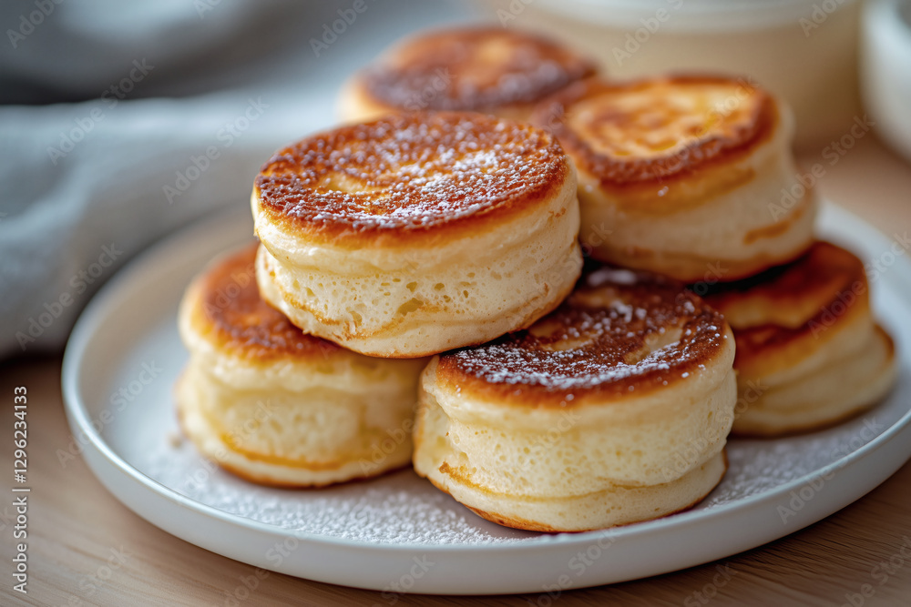 Stack of fluffy pancakes with powdered sugar. Stack of fluffy pancakes with powdered sugar.
