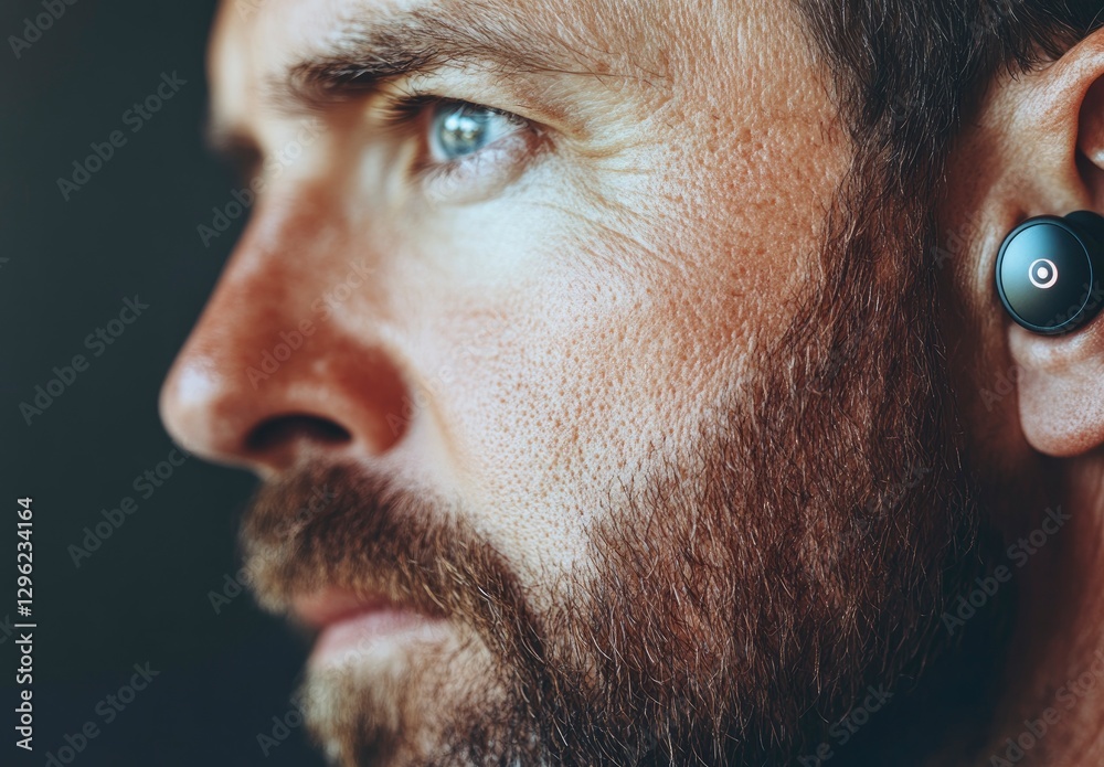 Obraz premium Close-up of an ear with wireless earbuds, a man in an office close-up, a macro shot. Stock photo contest winner, professional photography,