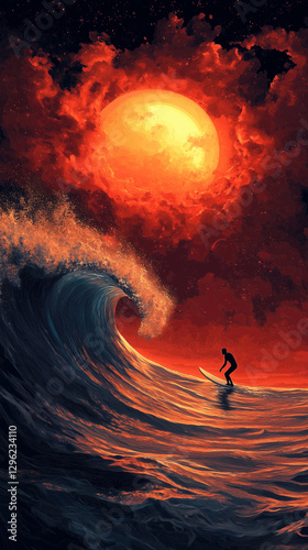 Surfer riding a huge wave under a vibrant sunset sky with dramatic clouds and golden sun