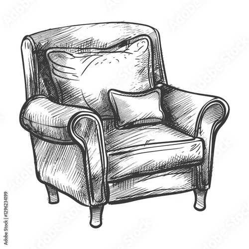Hand Drawn Sketch Of A Comfortable Armchair With Pillows