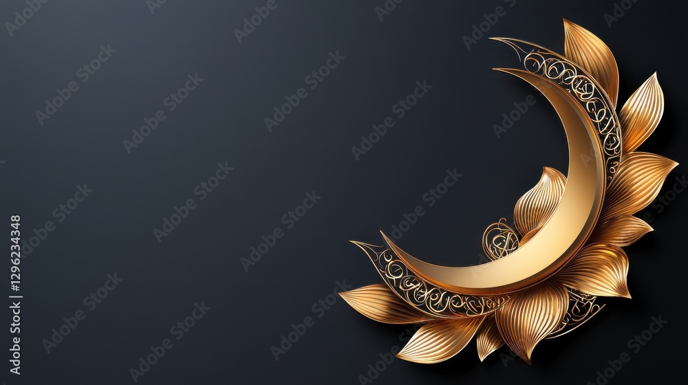 A decorative golden crescent moon with intricate designs, set against a dark background, evoking elegance and tranquility. A decorative golden crescent moon with intricate designs, set against a dark background, evoking elegance and tranquility.
