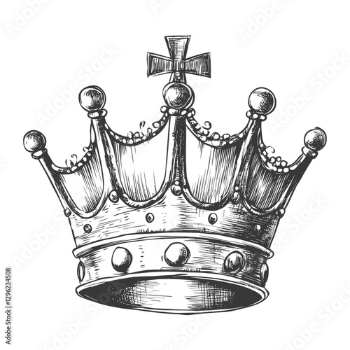 Hand Drawn Sketch Of A Detailed Kings Crown With Cross
