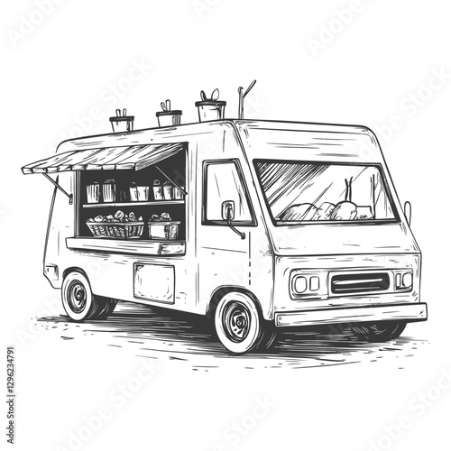 Hand Drawn Sketch Of A Food Truck With An Awning And Shelves Of Products