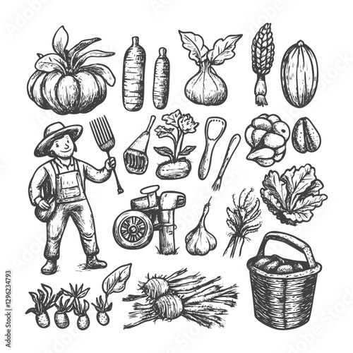 Hand Drawn Sketch Of A Farmer And Various Vegetables And Gardening Tools
