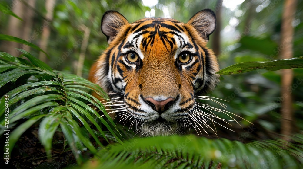 Majestic tiger walking cautiously through a dense lush tropical jungle its powerful presence and predatory grace captivating the viewer