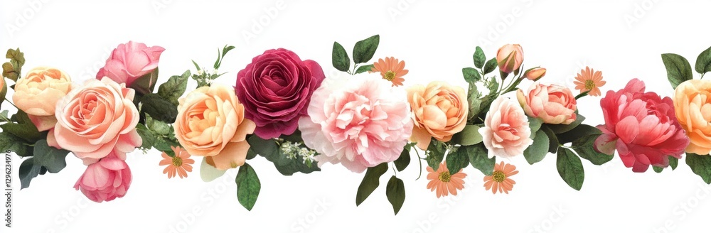 Vibrant Floral Border with Various Roses and Blossoms on White Background Vibrant Floral Border with Various Roses and Blossoms on White Background