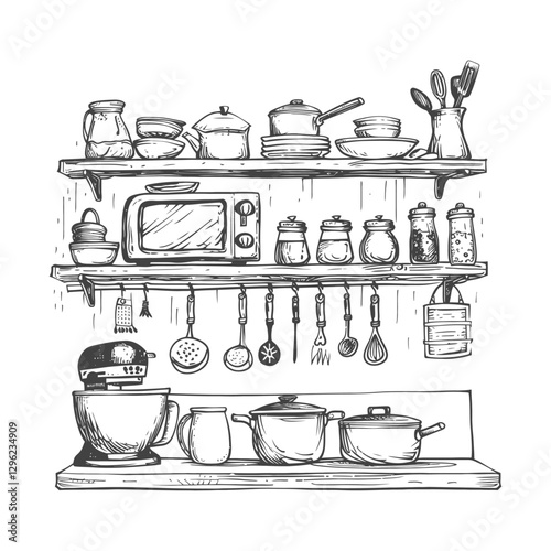 Hand Drawn Sketch Of A Kitchen Counter With Utensils And Appliances