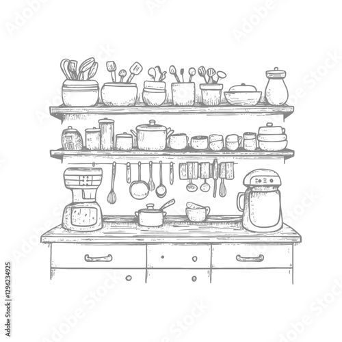 Hand Drawn Sketch Of A Kitchen Counter With Shelves And Appliances