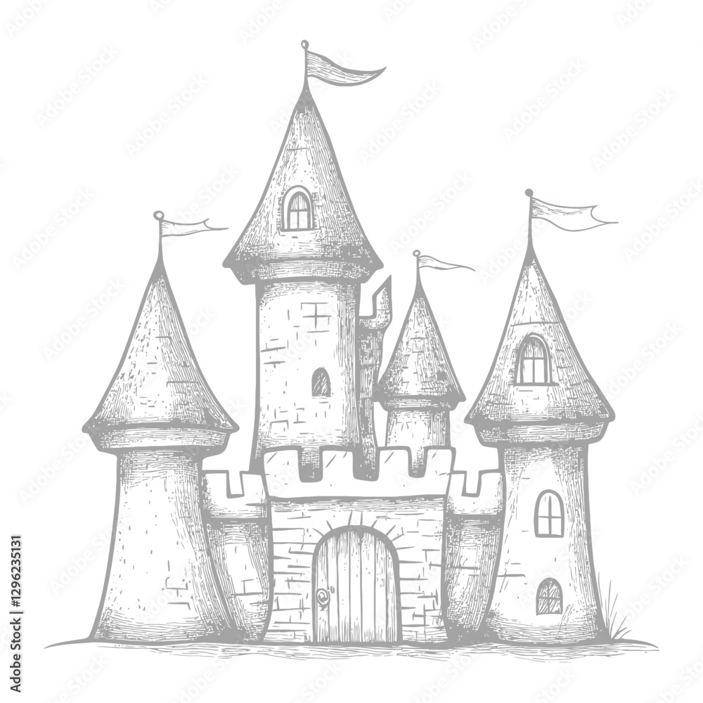 Obraz premium Hand Drawn Sketch Of A Majestic Stone Castle With Flags