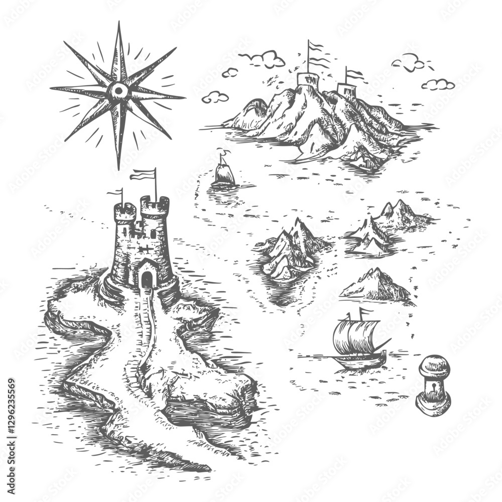 Hand Drawn Sketch Of An Island With A Tower Ships And A Compass Rose Hand Drawn Sketch Of An Island With A Tower Ships And A Compass Rose