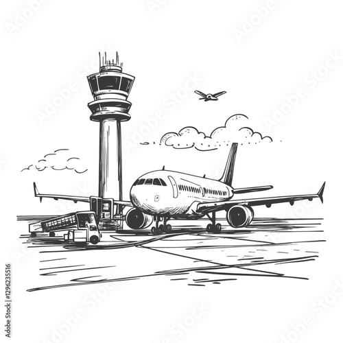 Hand Drawn Sketch Of An Airplane At An Airport With A Control Tower