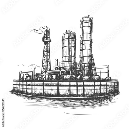 Hand Drawn Sketch Of An Industrial Refinery With Tall Tanks And Pipes