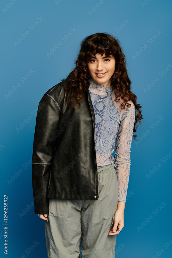 Stylish woman shows emotions against a vibrant blue backdrop in trendy attire Stylish woman shows emotions against a vibrant blue backdrop in trendy attire