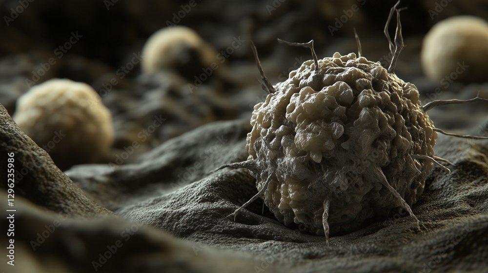 Close-up of decaying single cell with visible disintegration, contrasting with surrounding healthy cells, highlighting cellular biology concepts of life and death. Close-up of decaying single cell with visible disintegration, contrasting with surrounding healthy cells, highlighting cellular biology concepts of life and death.