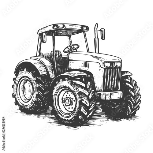 Hand Drawn Sketch Of A Powerful Farm Tractor