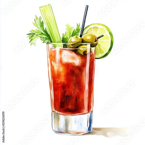 Watercolor Illustration of Bloody Mary Cocktail 