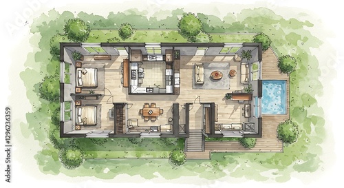 Watercolor illustration of a top-down view of a house plan with a pool and outdoor patio.
