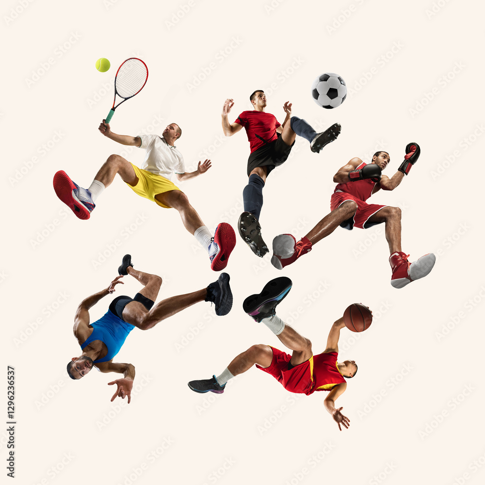 Obraz premium Bottom view players of tennis, soccer, boxing, and basketball players suspended mid-air. Powerful energy captured on neutral background. Concept of motion, excellence, and sports diversity.