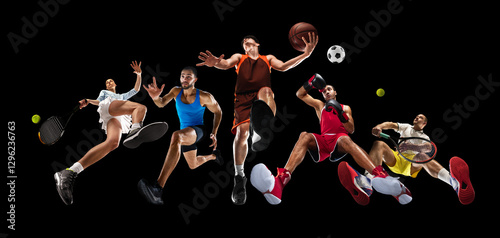 Fototapeta Naklejka Na Ścianę i Meble -  High-energy sports composition featuring basketball, boxing, soccer, and tennis athletes jumping in motion. Strong contrast on black background. Concept of power, skill, and athletic achievement.