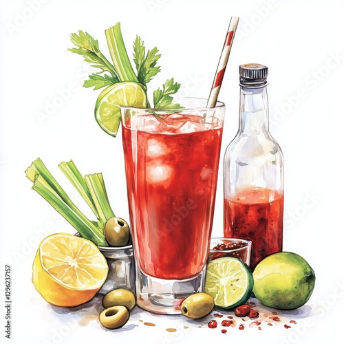 Watercolor Illustration of Bloody Mary Cocktail with Ingredients