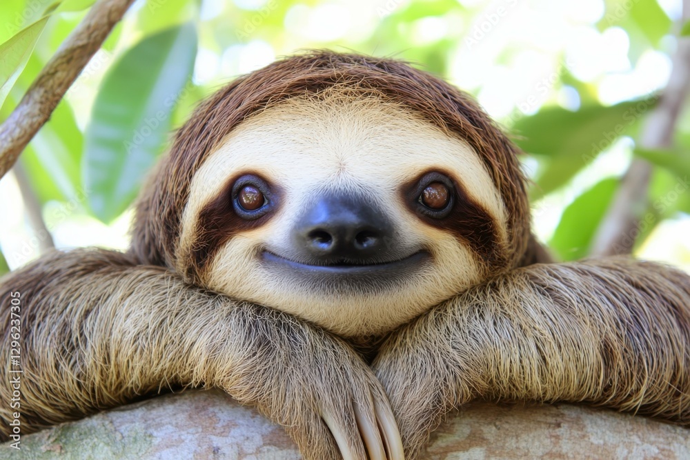 Naklejka premium Sloth Hanging. Cute and Funny Wild Animal in Costa Rica Rainforest