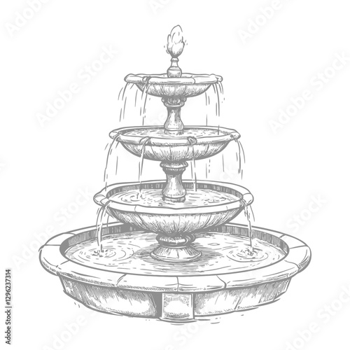 Hand Drawn Sketch Of A Three Tier Stone Fountain With Water Flowing