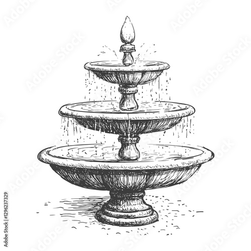 Hand Drawn Sketch Of A Three Tiered Fountain With Water Splashes