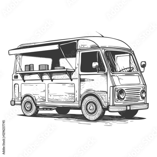 Hand Drawn Sketch Of A Vintage Food Truck With A Canopy