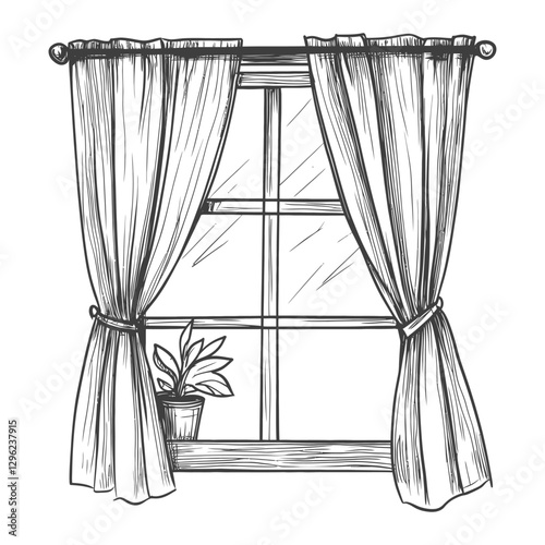 Hand Drawn Sketch Of A Window With Curtains And A Potted Plant