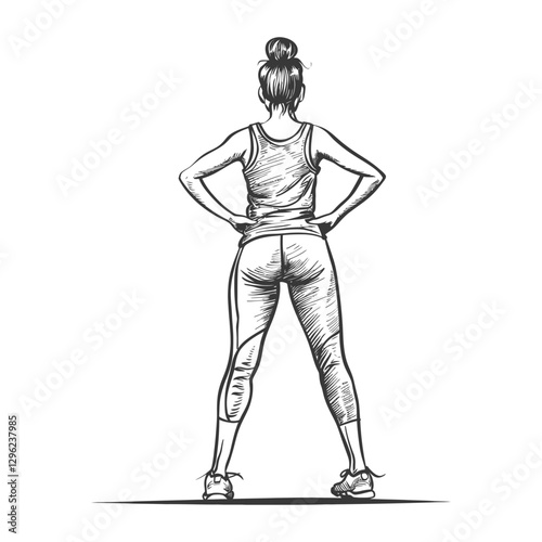 Hand Drawn Of A Woman In Athletic Wear Facing Away From The Viewer With Her Hands On Her Hips